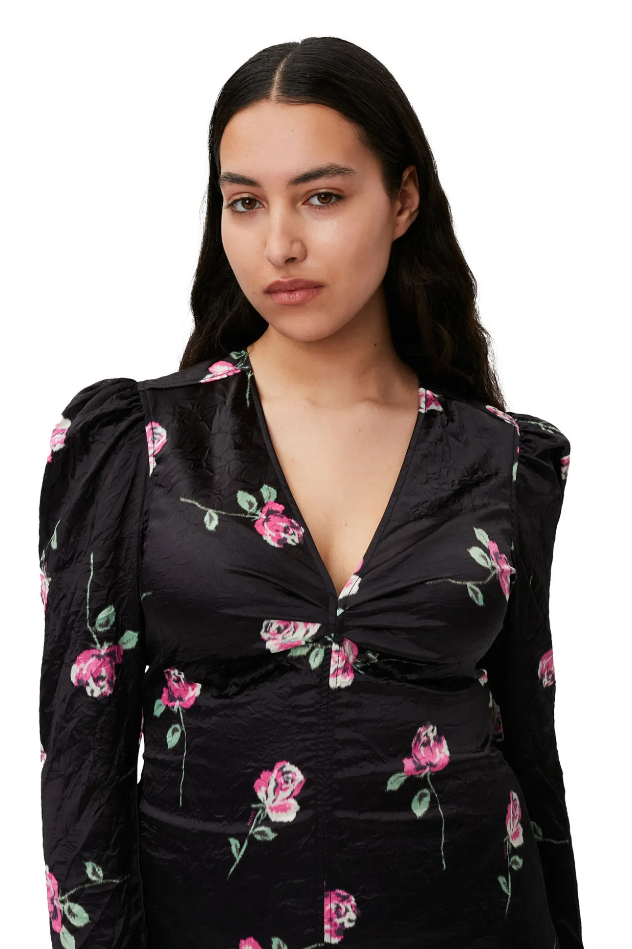 Discount GANNI Falten-Satin-Minikleid Mit V-Ausschnitt Black