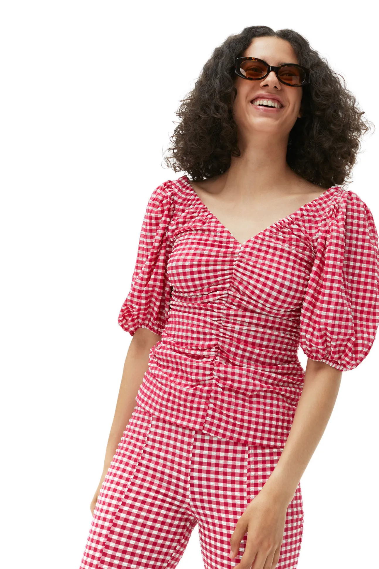 Online GANNI Geraffte Bluse Aus Seersucker Mit V-Ausschnitt Love Potion