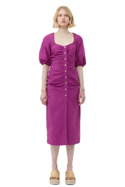 Flash Sale GANNI Gerafftes Maxikleid Aus Cotton Poplin Mit Offenem Ausschnitt Purple Wine