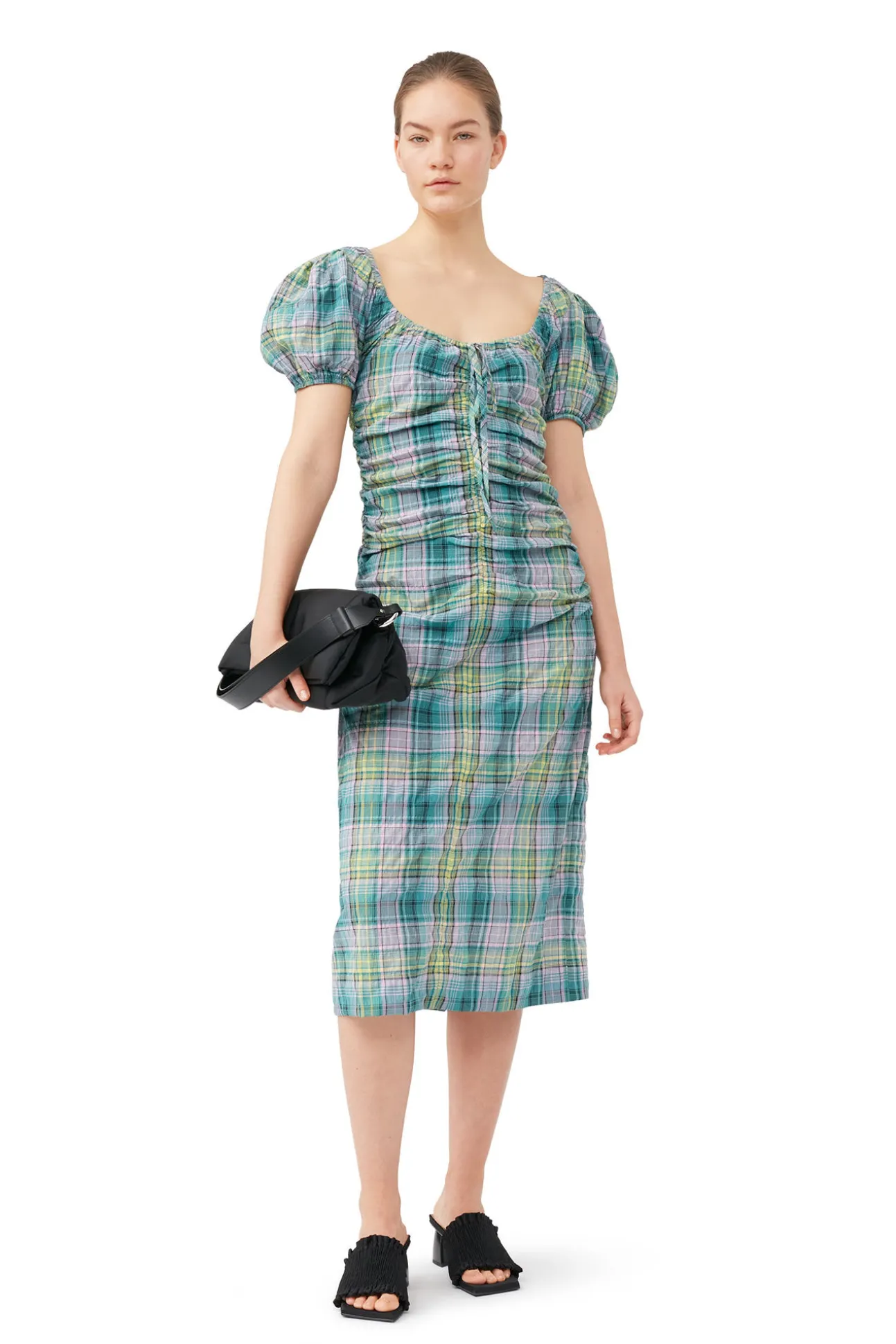 Discount GANNI Gerafftes Seersucker-Midikleid Mit Karomuster Und U-Ausschnitt Lagoon