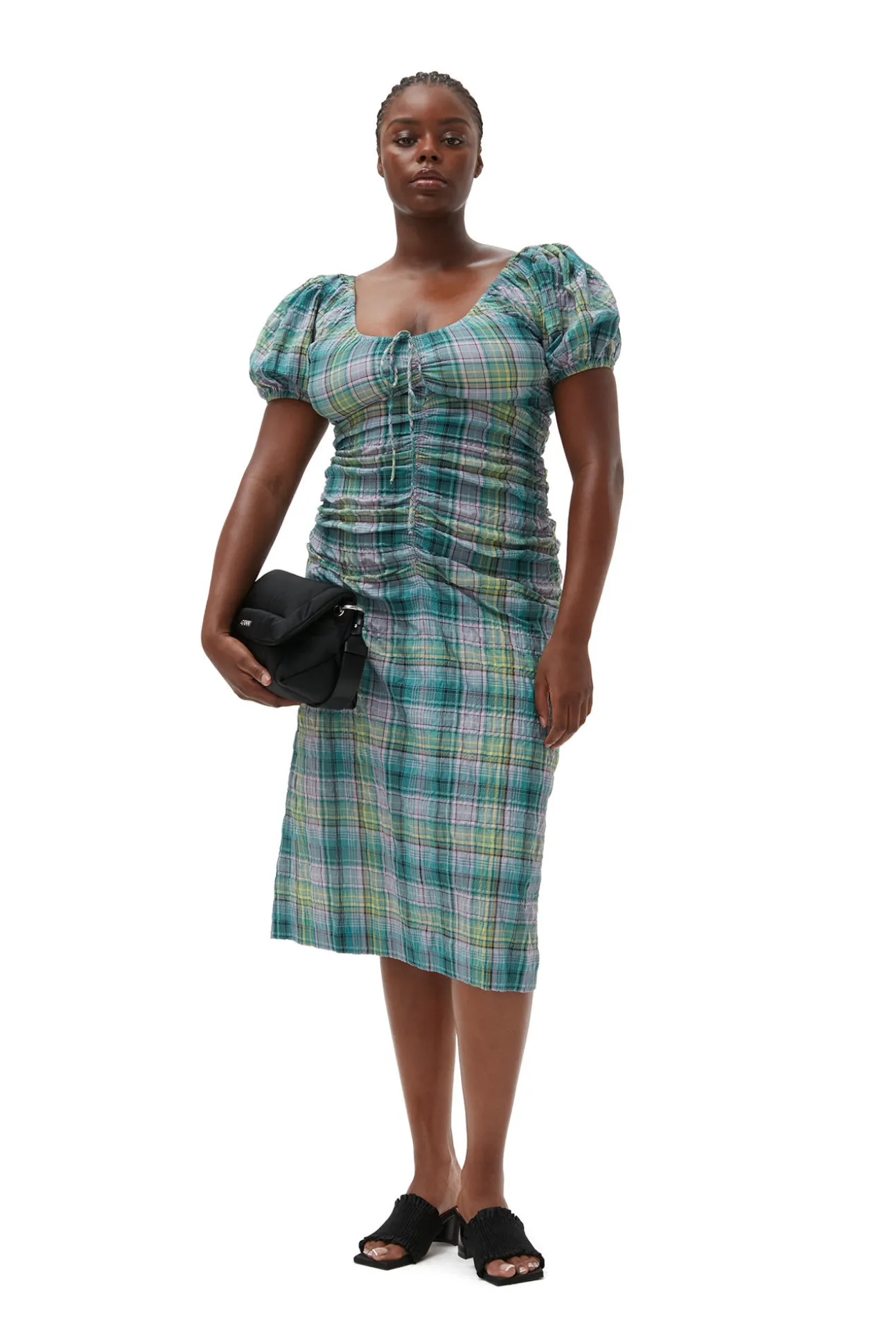 Discount GANNI Gerafftes Seersucker-Midikleid Mit Karomuster Und U-Ausschnitt Lagoon