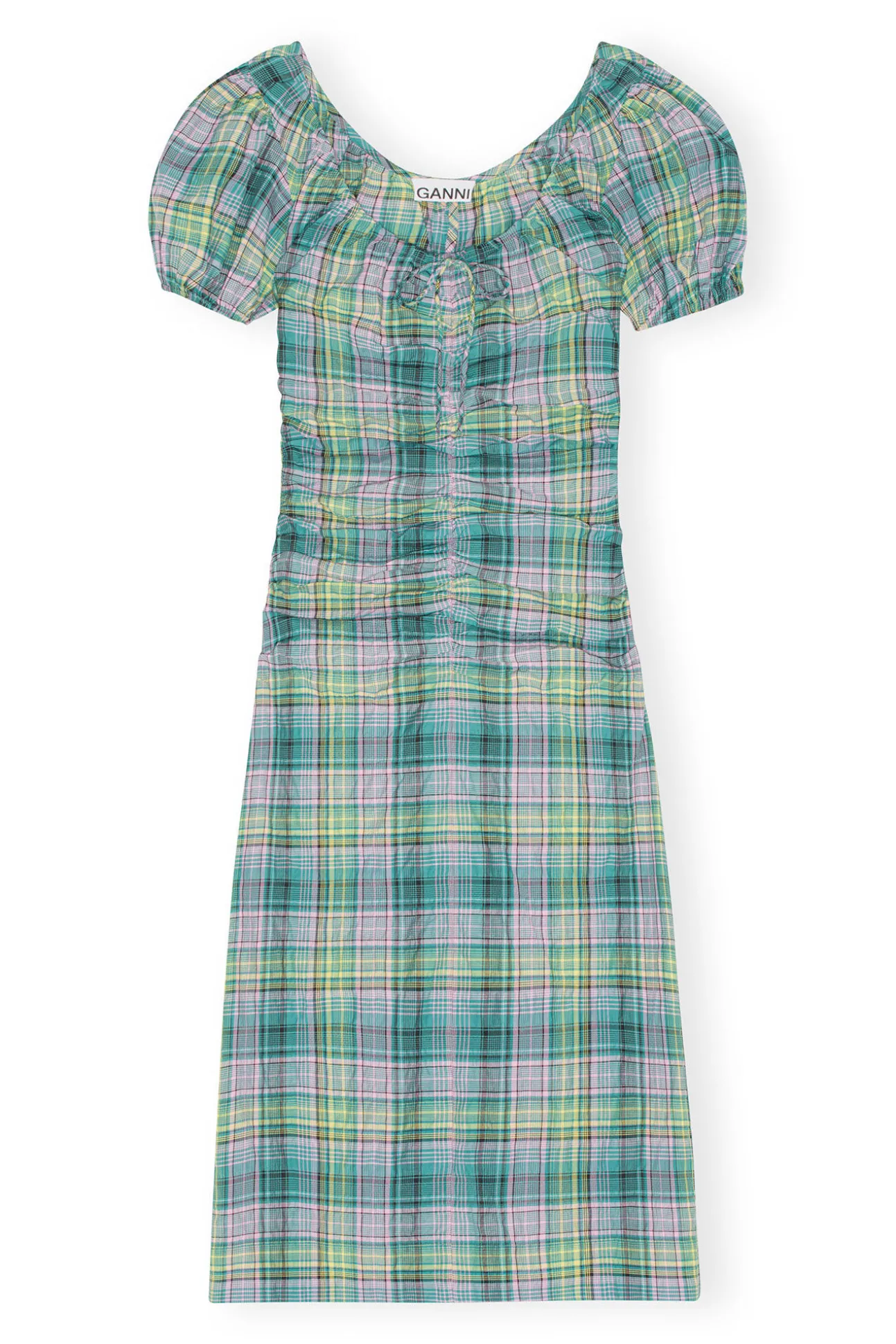 Discount GANNI Gerafftes Seersucker-Midikleid Mit Karomuster Und U-Ausschnitt Lagoon