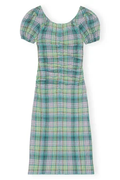 Discount GANNI Gerafftes Seersucker-Midikleid Mit Karomuster Und U-Ausschnitt Lagoon