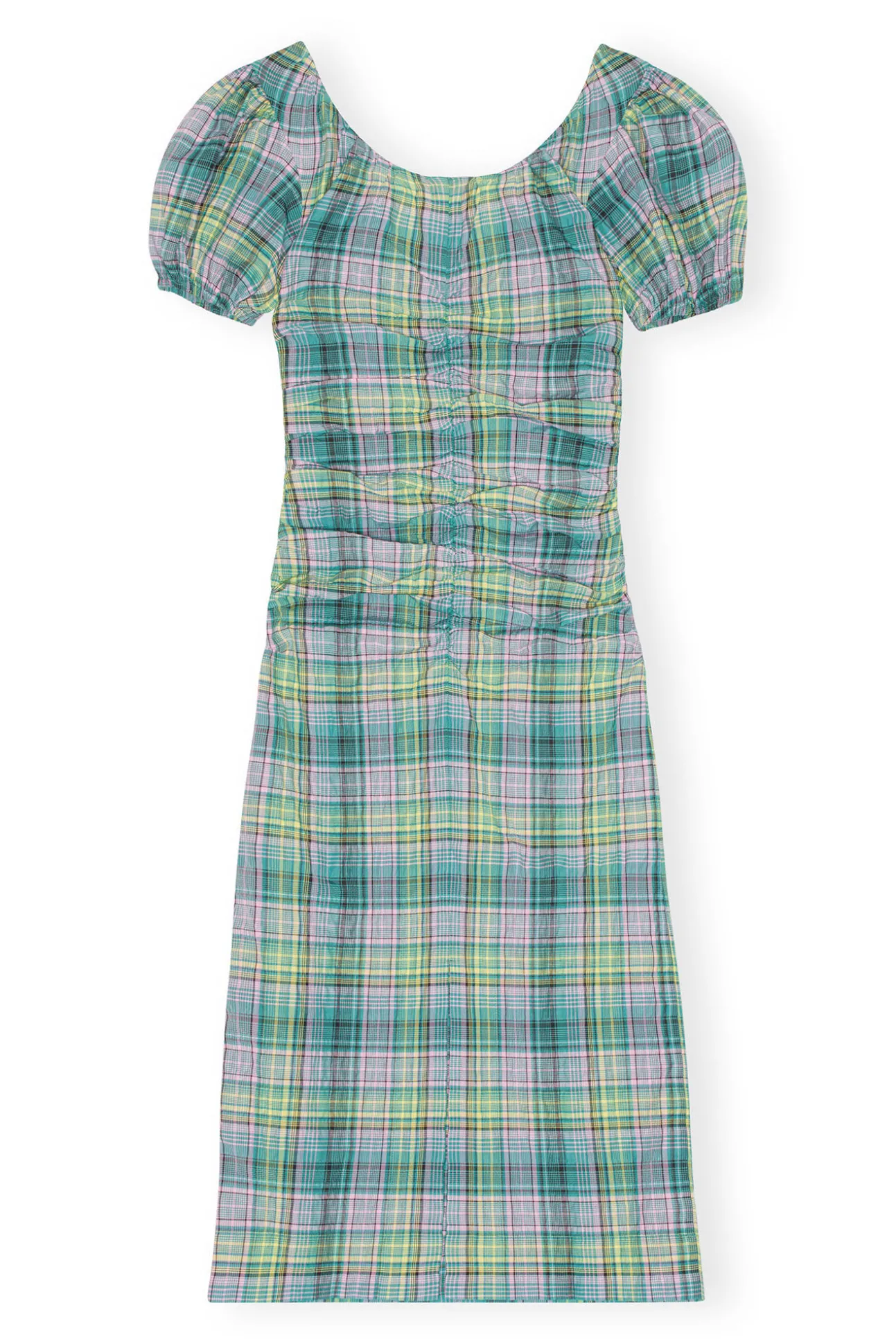 Discount GANNI Gerafftes Seersucker-Midikleid Mit Karomuster Und U-Ausschnitt Lagoon