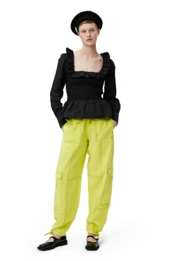 Sale GANNI Gesmokte Bluse Mit Offenem Ausschnitt Aus Cotton Poplin Black