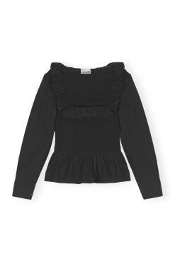 Sale GANNI Gesmokte Bluse Mit Offenem Ausschnitt Aus Cotton Poplin Black