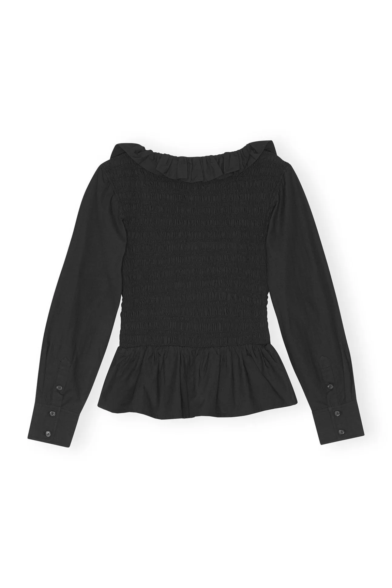 Sale GANNI Gesmokte Bluse Mit Offenem Ausschnitt Aus Cotton Poplin Black