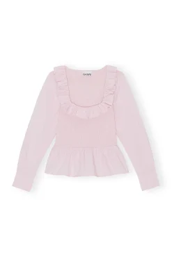 Store GANNI Gesmokte Bluse Mit Offenem Ausschnitt Aus Cotton Poplin Light Lilac