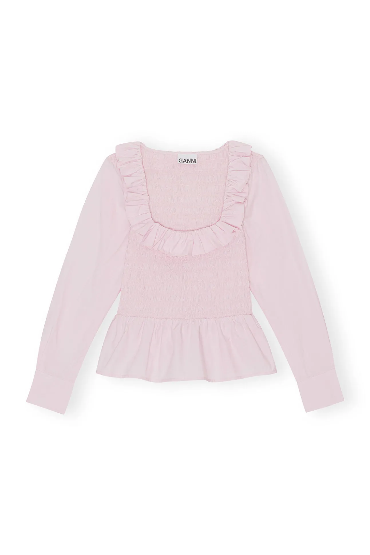 Store GANNI Gesmokte Bluse Mit Offenem Ausschnitt Aus Cotton Poplin Light Lilac