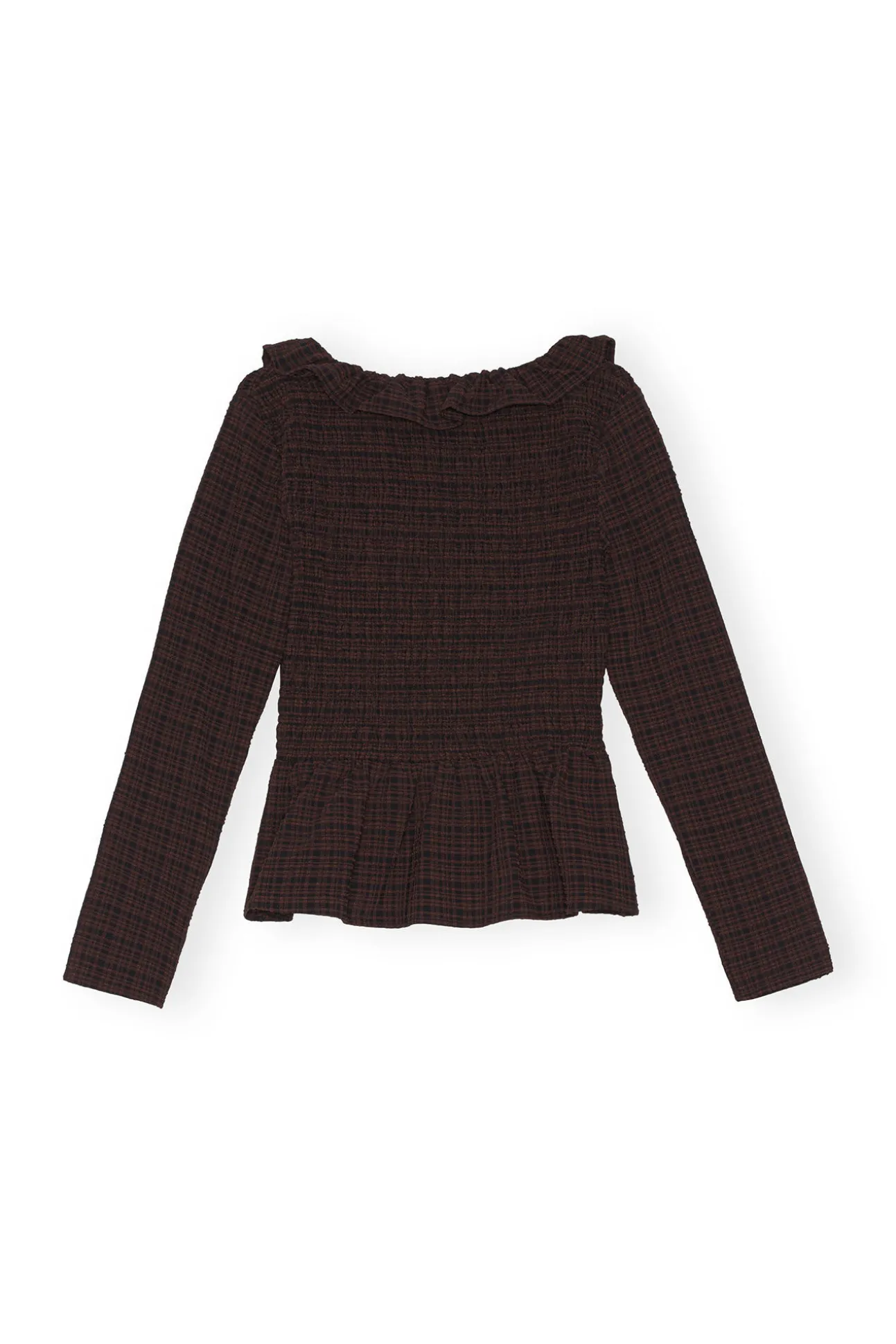 Hot GANNI Gesmokte Seersucker-Bluse Mit Offenem Ausschnitt Chicory Coffee