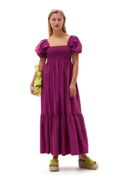 Cheap GANNI Gesmoktes Maxikleid Aus Cotton Poplin Purple Wine