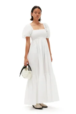 Best GANNI Gesmoktes Maxikleid Aus Cotton Poplin Bright White