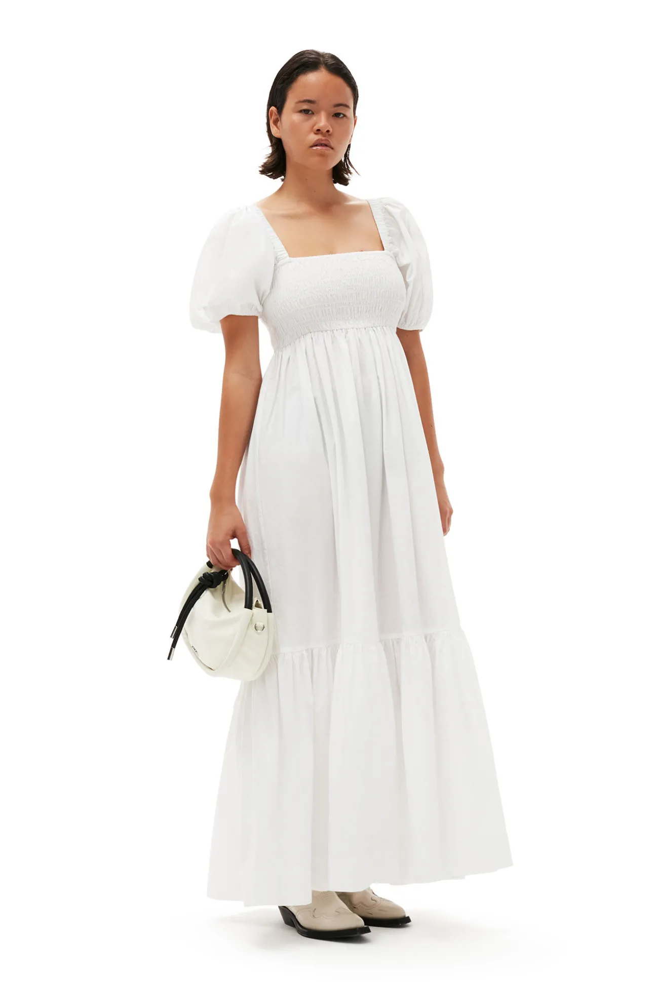 Best GANNI Gesmoktes Maxikleid Aus Cotton Poplin Bright White