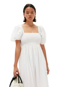 Best GANNI Gesmoktes Maxikleid Aus Cotton Poplin Bright White