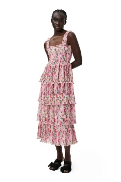 Store GANNI Gesmoktes Midikleid Aus Plissiertem Georgette Sugar Plum