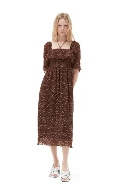 Discount GANNI Gesmoktes Midikleid Aus Plissiertem Georgette Rocky Road