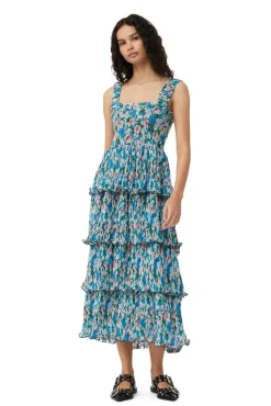 Discount GANNI Gesmoktes Midikleid Aus Plissiertem Georgette Floral Azure Blue