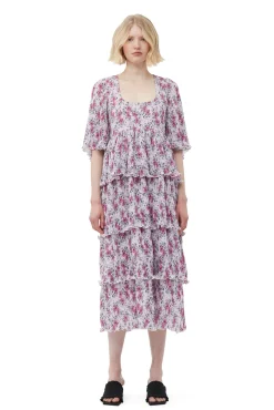 Best GANNI Gesmoktes Midikleid Aus Plissiertem Georgette Mit Volants Mauve Chalk