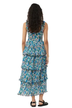 Discount GANNI Gesmoktes Midikleid Aus Plissiertem Georgette Floral Azure Blue