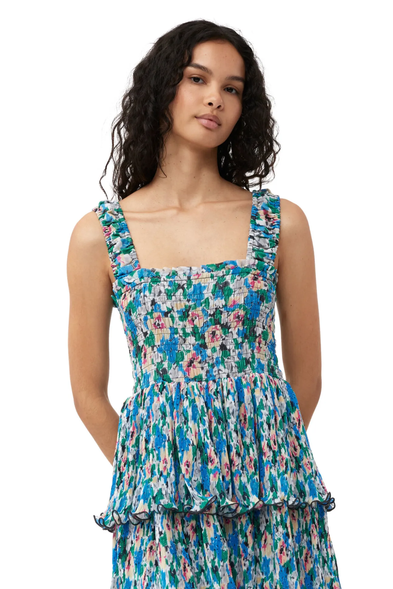 Discount GANNI Gesmoktes Midikleid Aus Plissiertem Georgette Floral Azure Blue
