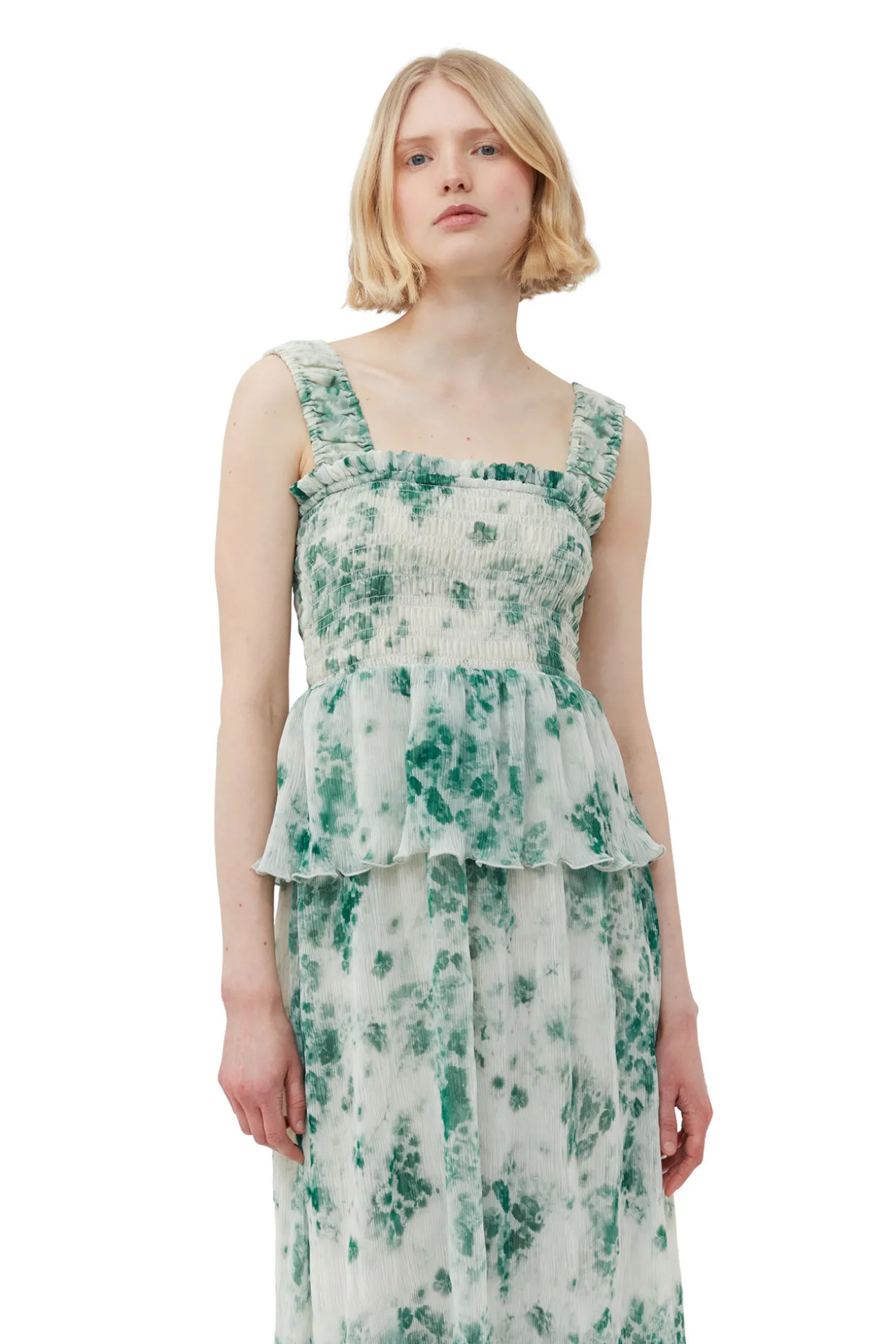 Sale GANNI Gesmoktes Midikleid Aus Plissiertem Georgette Egret