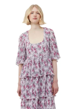 Best GANNI Gesmoktes Midikleid Aus Plissiertem Georgette Mit Volants Mauve Chalk