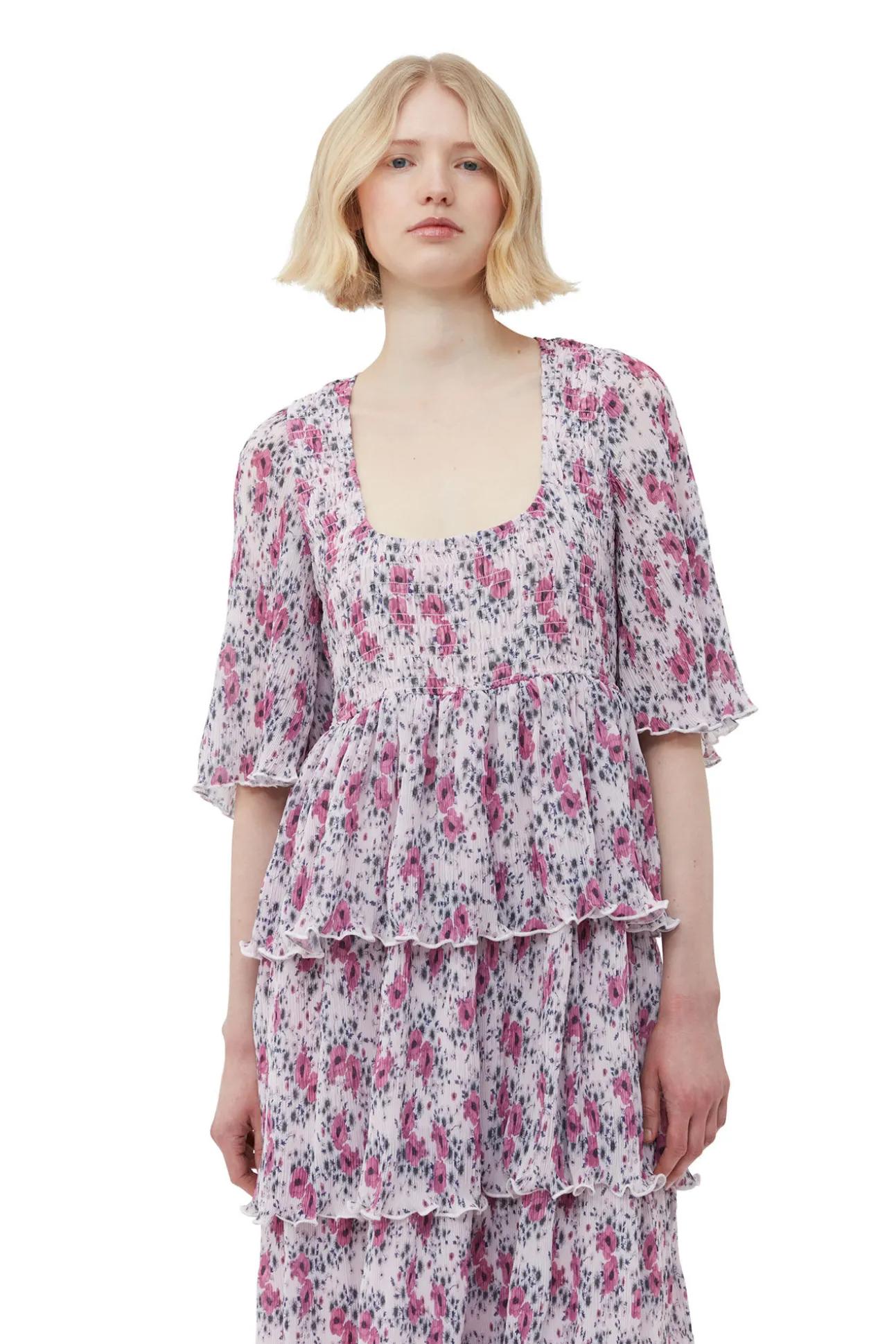 Best GANNI Gesmoktes Midikleid Aus Plissiertem Georgette Mit Volants Mauve Chalk