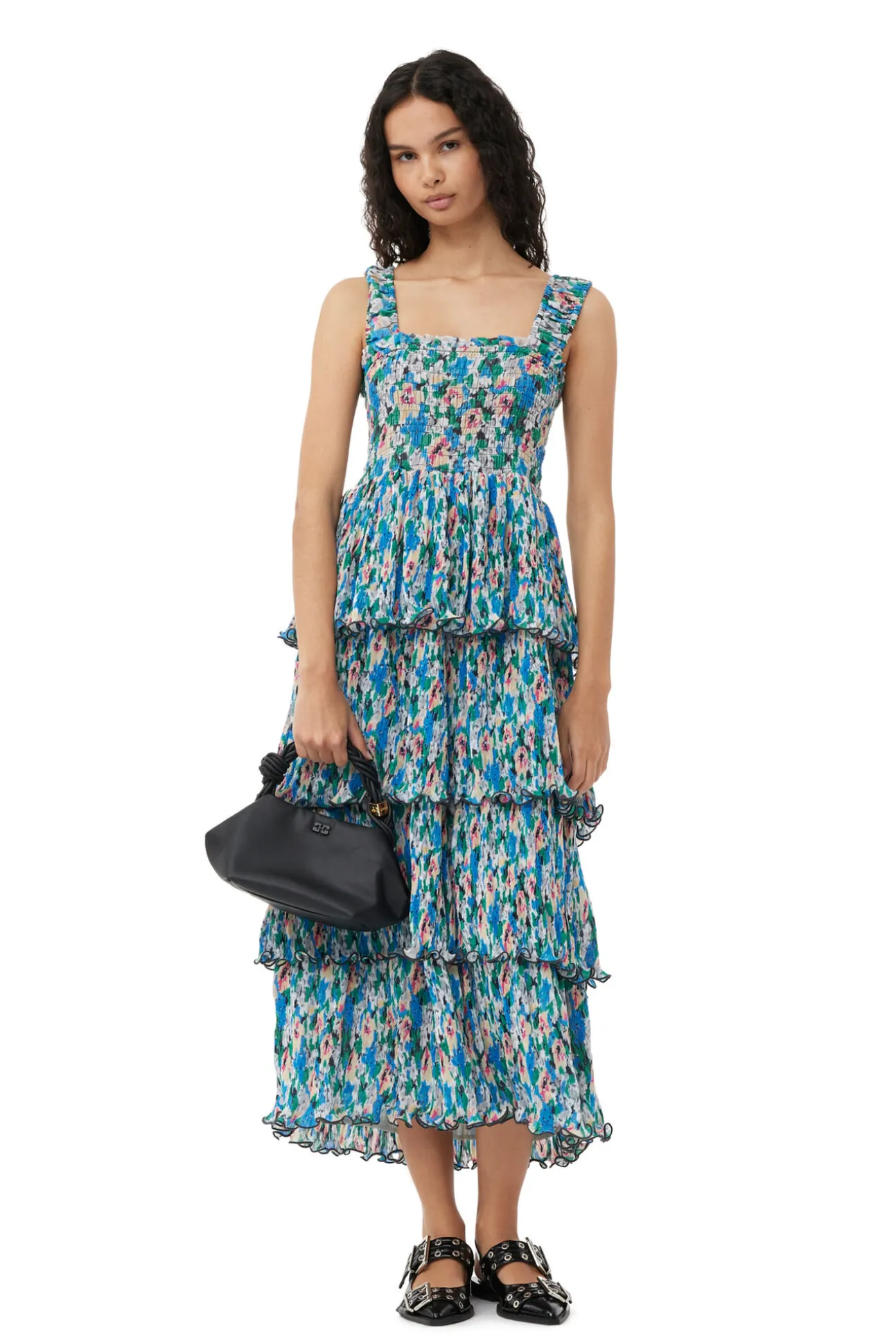 Discount GANNI Gesmoktes Midikleid Aus Plissiertem Georgette Floral Azure Blue