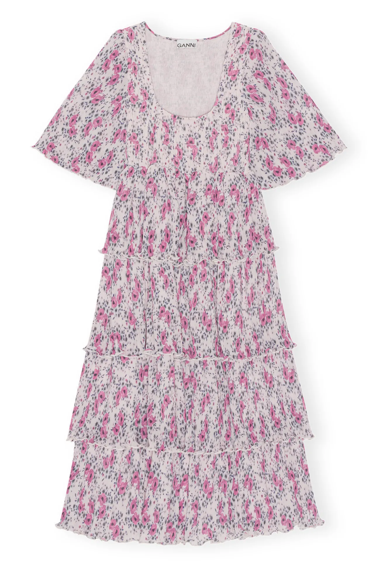 Best GANNI Gesmoktes Midikleid Aus Plissiertem Georgette Mit Volants Mauve Chalk