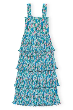 Discount GANNI Gesmoktes Midikleid Aus Plissiertem Georgette Floral Azure Blue