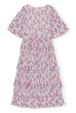 Best GANNI Gesmoktes Midikleid Aus Plissiertem Georgette Mit Volants Mauve Chalk