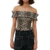 Hot GANNI Gesmoktes Off-Shoulder-Oberteil Im Cropped-Stil Aus Transparentem Voile Almond Milk