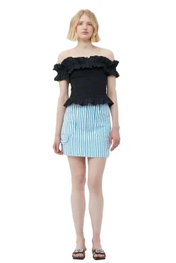 Fashion GANNI Gesmoktes Off-Shoulder-Oberteil Aus Cotton Poplin Black