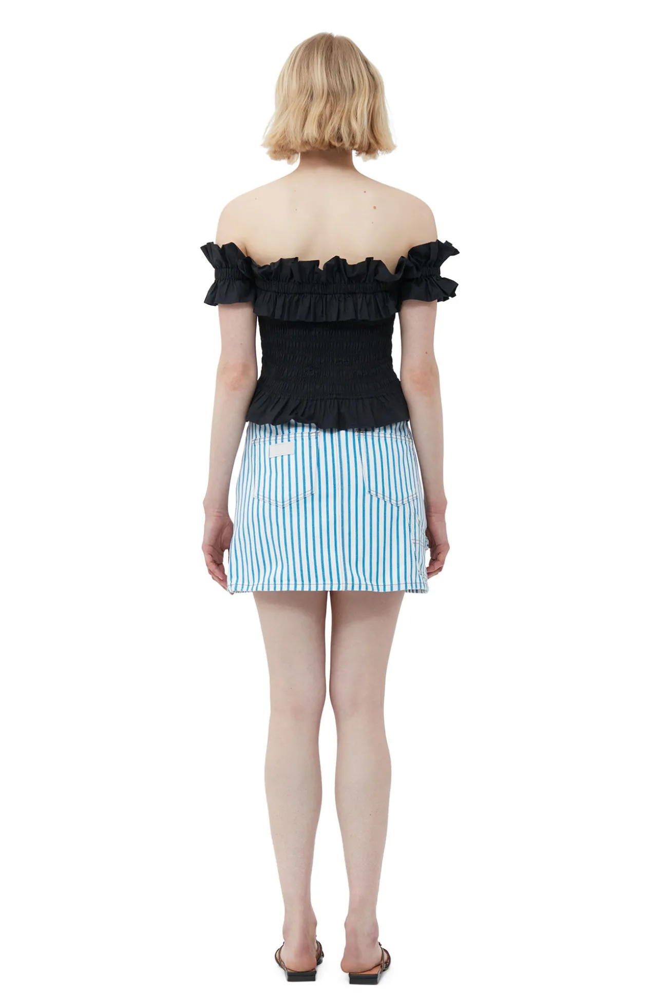 Fashion GANNI Gesmoktes Off-Shoulder-Oberteil Aus Cotton Poplin Black