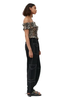 Hot GANNI Gesmoktes Off-Shoulder-Oberteil Im Cropped-Stil Aus Transparentem Voile Almond Milk