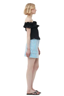 Fashion GANNI Gesmoktes Off-Shoulder-Oberteil Aus Cotton Poplin Black