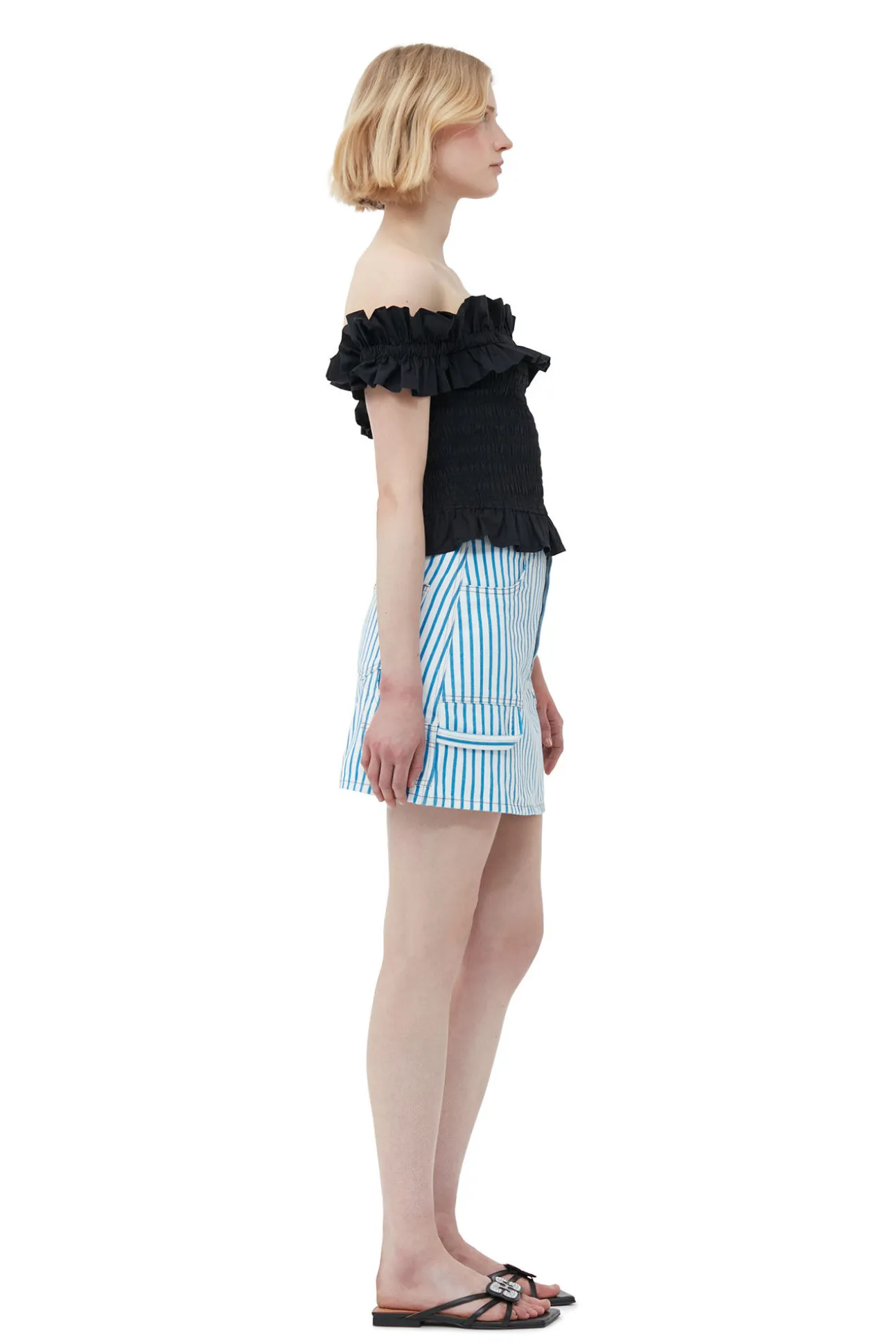 Fashion GANNI Gesmoktes Off-Shoulder-Oberteil Aus Cotton Poplin Black