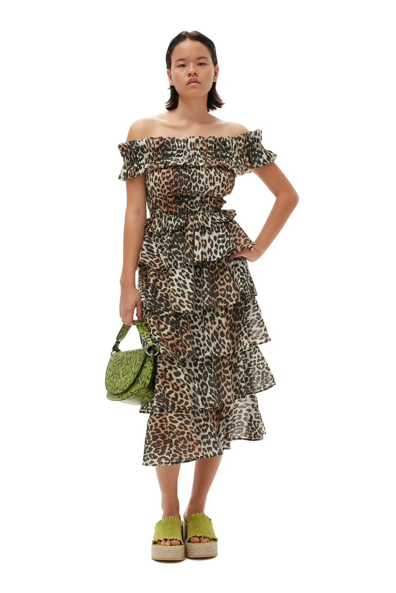 Hot GANNI Gesmoktes Off-Shoulder-Oberteil Im Cropped-Stil Aus Transparentem Voile Almond Milk