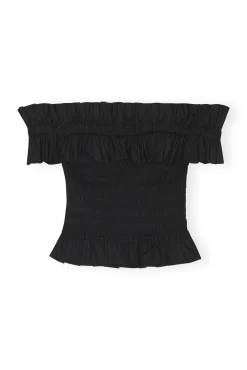 Fashion GANNI Gesmoktes Off-Shoulder-Oberteil Aus Cotton Poplin Black