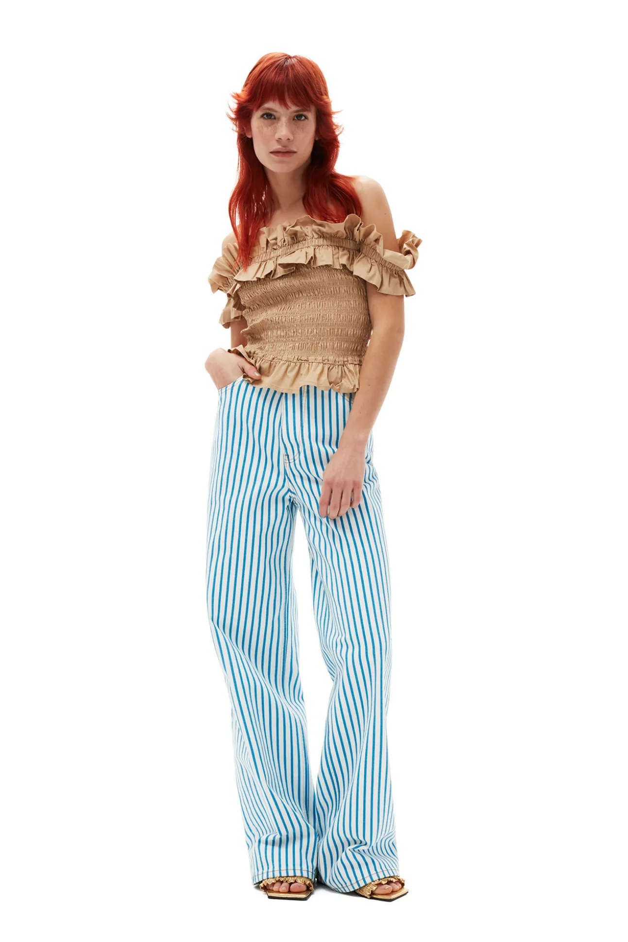 Cheap GANNI Gesmoktes Off-Shoulder-Oberteil Aus Cotton Poplin Curds And Whey