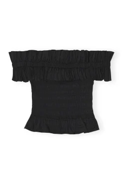 Fashion GANNI Gesmoktes Off-Shoulder-Oberteil Aus Cotton Poplin Black