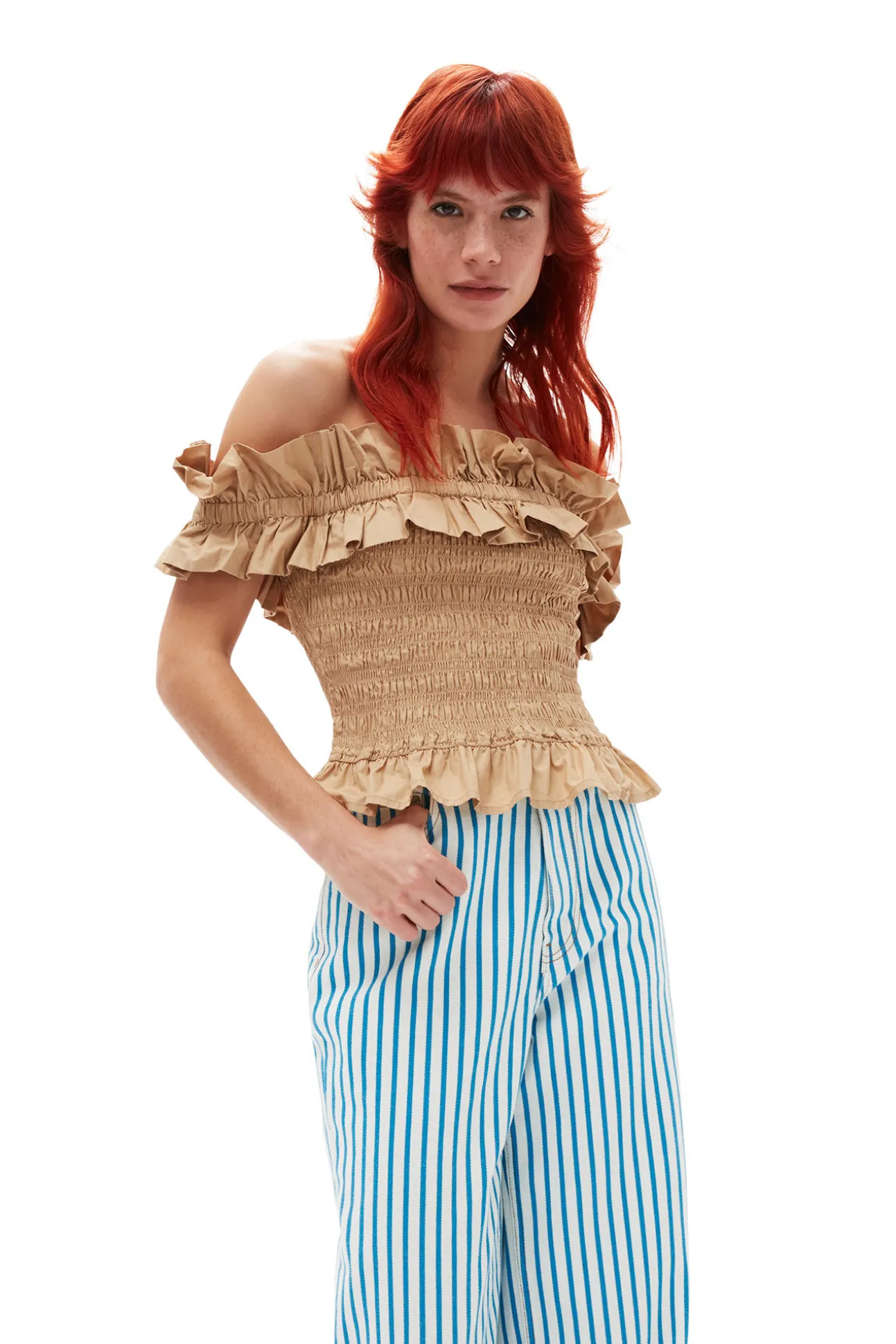 Cheap GANNI Gesmoktes Off-Shoulder-Oberteil Aus Cotton Poplin Curds And Whey