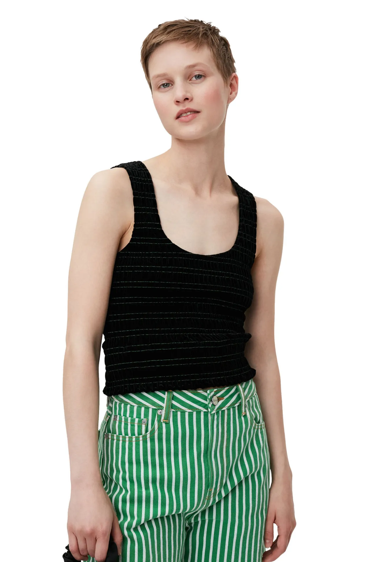 Hot GANNI Gesmoktes Samt-Top Black
