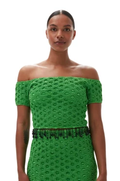 Best GANNI Gesmoktes Schulterfreies Satin-Top Classic Green