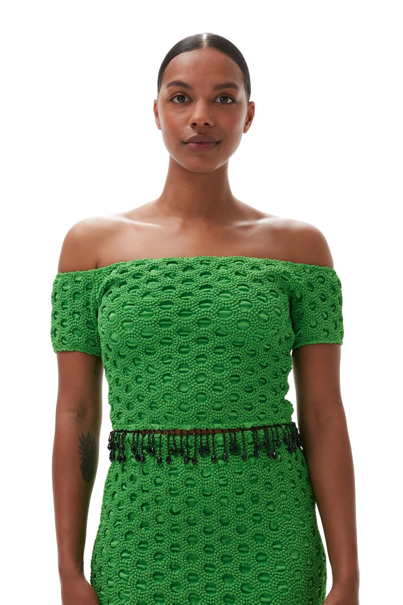 Best GANNI Gesmoktes Schulterfreies Satin-Top Classic Green