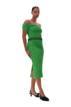 Best GANNI Gesmoktes Schulterfreies Satin-Top Classic Green