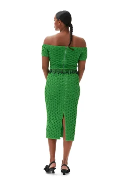 Best GANNI Gesmoktes Schulterfreies Satin-Top Classic Green