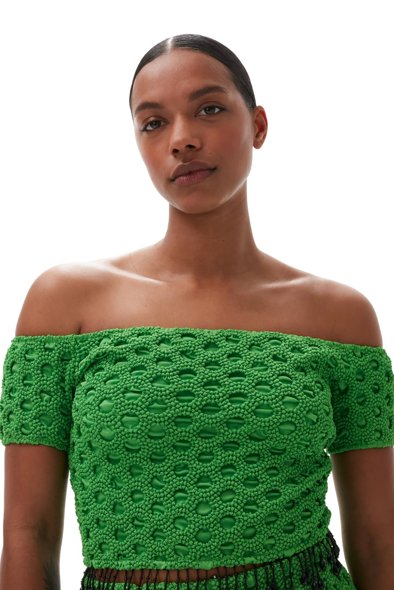 Best GANNI Gesmoktes Schulterfreies Satin-Top Classic Green