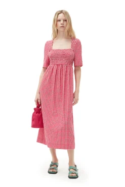 Fashion GANNI Gesmoktes Seersucker-Kleid Love Potion