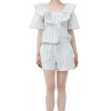 Clearance GANNI Gestreifte Seersucker-Ruschenbluse Mauve Chalk